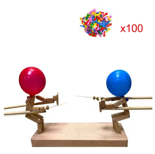 Handmade Wooden Fighter Puppets – 2-Player Balloon Battle Game